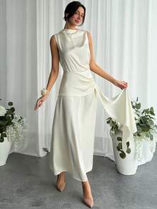 Aloruh Đầm dự tiệc bằng vải satin màu mơ, kiểu quấn, thắt eo, xếp ly vai dành cho nữ. - Màu be - Xem 3