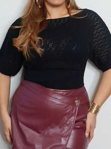 MelDlgn Plus Size Women's Fashionable Elegant Dark Y2K Style Short Sleeve Knit Top, Suitable For Spring, Summer, Autumn Wear, Suitable For Commuting  Vintage Gothic Top Hollow Out Top Eyelet Top See Through Top Black Mesh Top - Black - View 5