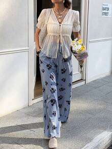 Elyressa 休闲度假畅销款蓝白条纹黑色花卉印花松紧腰系带蝴蝶结宽松直筒裤 - 藍色 - 查看 3