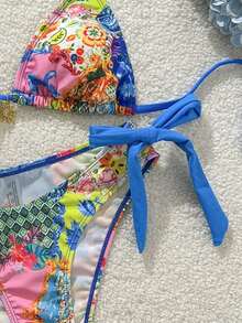 Swim Vcay 2pcs/Set Summer Beach Floral Print Halter Crop Top And Tie Side Bow Bikini Bottom Swimsuit - Multicolor - View 4