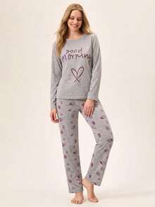 Loomlin 100% Cotton 2Pcs  Contrast Colour Heart Printed PJ Set - Grey - View 3