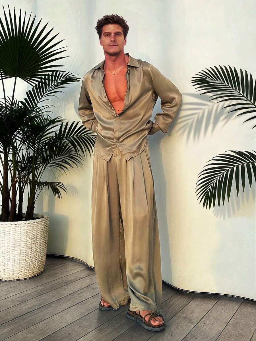 Manfinity Dauomo 男士纯色 Polo 领单排扣短袖衬衫上衣搭配阔腿裤休闲日常穿搭 - 橄欖綠 - 查看 1