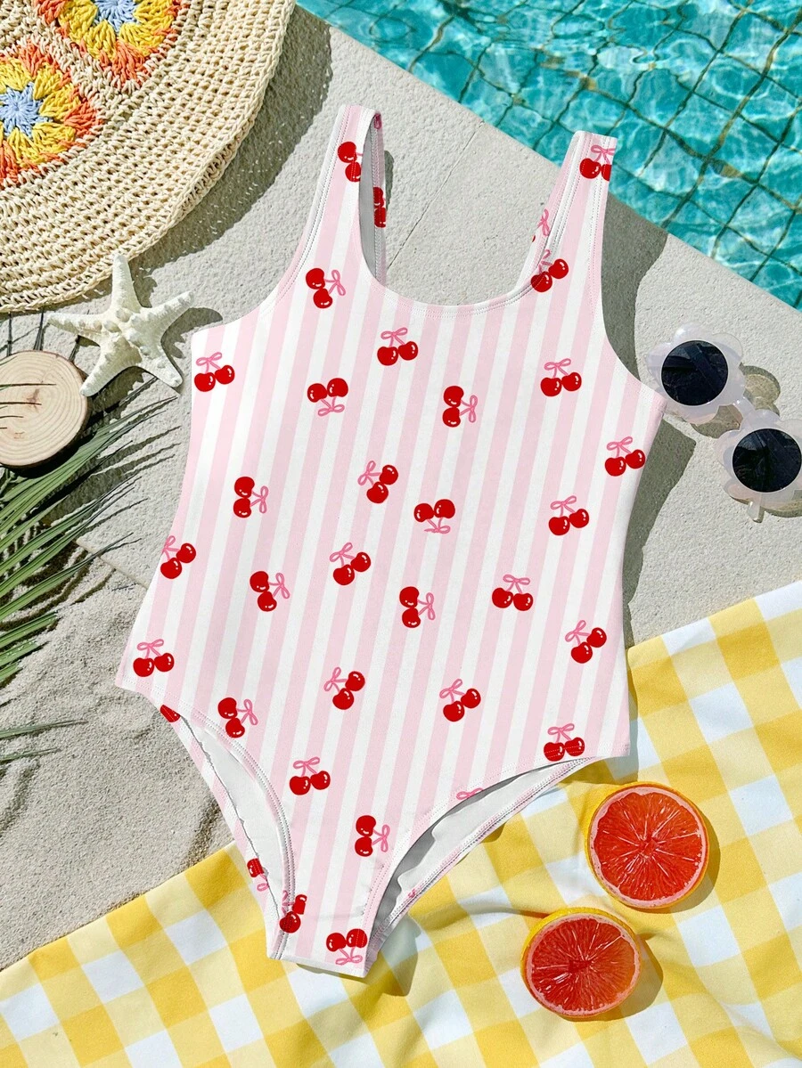 SHEIN Bộ đồ bơi liền thân kiểu retro dễ thương, màu hồng anh đào kẻ sọc, phong cách tối giản dành cho bé gái, phù hợp cho mùa hè, chụp ảnh kỷ niệm ở bãi biển, mẹ và bé, chuyến đi biển đầu tiên, kỳ nghỉ hè, đồ bơi thẩm mỹ, tiệc bể bơi, trại hè, phong cách cottagecore. - Nhiều màu - Xem 1