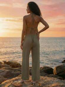 CAJUNI Women's Summer Vacation Halter Backless Army Green Top And Pants Set - Green - View 2