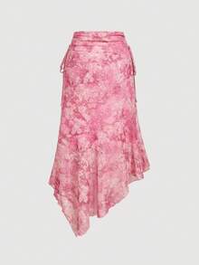 SHEIN MOD Vintage Print Asymmetrical Hem Ruched Waist Side Tie Skirt - Hot Pink - View 2