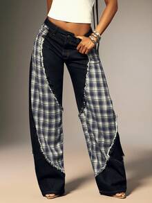 Denimoi Plaid Contrast Baggy Barrel Jeans Boyfriend Jeans Fashionable Streetwear Statement Jeans - Dark Wash - View 1