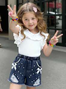 Genkimix Kids 2件套女童象牙色罗纹荷叶边无袖上衣和牛仔铆钉短裤，夏季套装，柔软优雅的夏季套装，女童牛仔短裤套装，牛仔套装，儿童牛仔裙套装，女童夏季服装套装 - 白色 - 查看 4