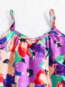 女童彩色碎花无袖荷叶边下摆休闲度假连衣裙 - 彩色 - 查看 4