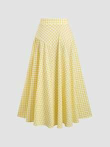 Sweetra French High Waist Vacation Style Dopamine Yellow & White Plaid Pleated Skirt For Women, Summer - Yellow - View 2