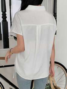DAZY Women's Casual Collared Short Sleeve Shirt With Side Tie Knot Detail - White - View 4