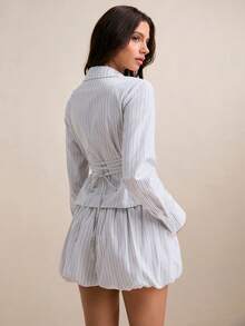 Poéselle 两件套休闲通勤条纹衬衫和荷叶边短裤套装 - 灰色 - 查看 11