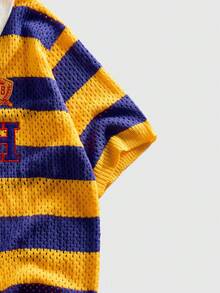 ROMWE MEN Men's Contrast Stripe Embroidered Knit Polo Shirt - Multicolor - View 4