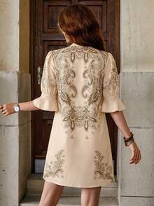 Solivie 女士中袖印花情人节春夏连衣裙，情人节套装 - 杏色 - 查看 2