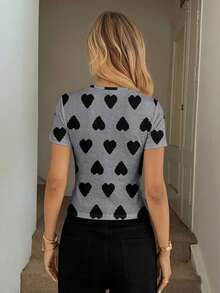 Easowa Áo thun ngắn tay ôm sát, họa tiết trái tim tối giản, phong cách thường ngày dành cho nữ, thích hợp cho mùa xuân/hè. Áo kiểu dễ thương, áo thun ngắn tay dễ thương, áo ăn sáng cho nữ, ngày lễ tình nhân, mùa xuân. - Nhiều màu - Xem 4