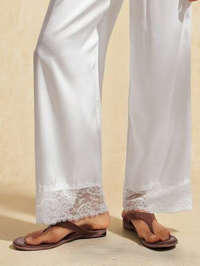 Easelle Women's Solid Color Minimalist Lace Patchwork Pants, Everyday Wear  White Summer Clothes Valentine's Day Elegant Going Out