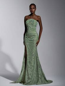 Glamrae Elegant Luxurious Stretchy Lace Bandeau, Ruched Waist, Sexy Slit Fishtail Skirt, Suitable For Weddings, Parties, Vacations, Galas, Evening Gowns