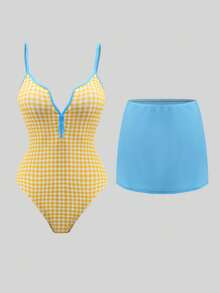 Sweetra Bộ đồ bơi liền thân màu vàng kẻ caro phối xanh dương dễ thương cho kỳ nghỉ xuân/hè 2022, kèm váy. - Nhiều màu - Xem 1