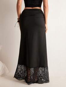 Freevana 波西米亚风黑色高弹蕾丝拼接半身裙，高腰垂褶镂空花卉图案修身包臀裙，复古优雅百搭办公室美人鱼裙 - 黑色 - 查看 2