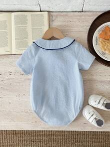 SHEIN Unisex Newborn Baby Boy/Girl Cute British Style Blue&White Striped Peter Pan Collar Short Sleeve Romper,Bodysuit,Spring/Summer Boy Summer Clothes - Blue - View 2