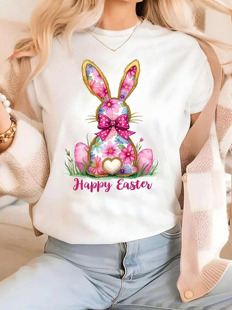 EMERY ROSE Flower Rabbit Lover Gift Easter Women Round Neck Short Sleeve Casual T-Shirt - White - View 1