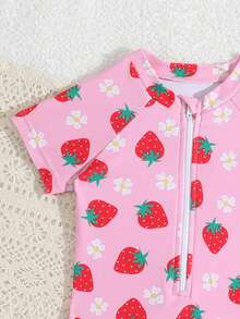 Baby Girl Strawberry Print Zipper Half-Placket Raglan Sleeve Swimsuit, Summer Beach Vacation - Pink - View 5