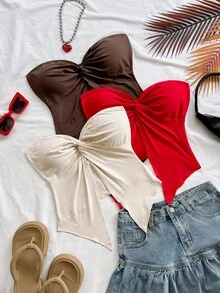 Soleia Bộ đồ nữ gồm áo croptop dệt kim màu xanh dương, kiểu dáng xoắn, viền bèo bất thường, thích hợp cho kỳ nghỉ; áo croptop dệt kim màu vàng, kiểu dáng xoắn, viền bèo bất thường, và áo blouse dệt kim màu trắng, co giãn, kiểu dáng trơn, viền bèo bất thường, thoải mái cho mọi mùa, dự tiệc, hẹn hò, tiệc trà chiều. - Nhiều màu - Xem 1