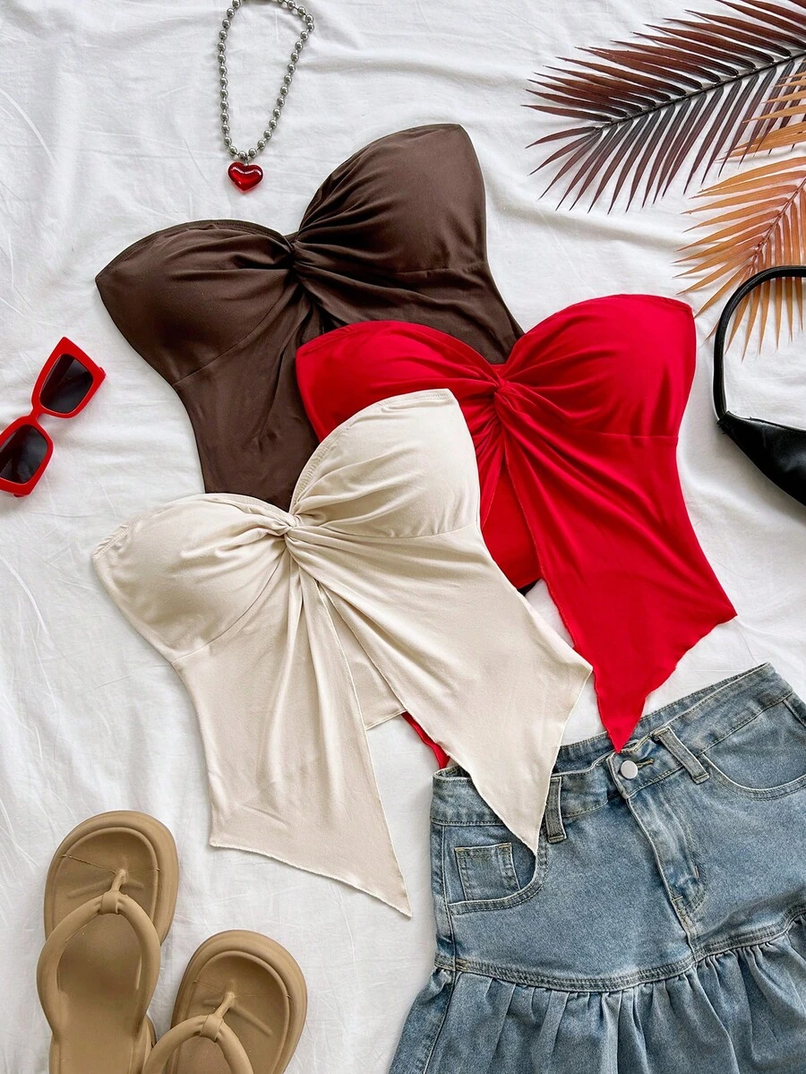 Soleia Bộ đồ nữ gồm áo croptop dệt kim màu xanh dương, kiểu dáng xoắn, viền bèo bất thường, thích hợp cho kỳ nghỉ; áo croptop dệt kim màu vàng, kiểu dáng xoắn, viền bèo bất thường, và áo blouse dệt kim màu trắng, co giãn, kiểu dáng trơn, viền bèo bất thường, thoải mái cho mọi mùa, dự tiệc, hẹn hò, tiệc trà chiều. - Nhiều màu - Xem 1