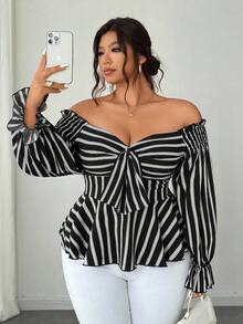 SHEIN CURVE+ Áo kiểu dáng rộng rãi, tay dài, hở vai, đa năng. - màu đen - Xem 5