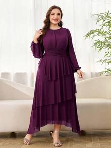Reflora 大码优雅纯色褶皱腰灯笼袖连衣裙，秋季 - 紫色 - 查看 3