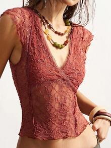 Bohemela Áo nữ dệt kim ren cổ chữ V màu trơn, dáng ôm, thích hợp cho mùa xuân đến hè, trang phục đi nghỉ mát, trang phục ngày lễ tình nhân, trang phục mùa hè, áo hè, quần áo mùa hè, áo đỏ. - Màu Cam cháy - Xem 4