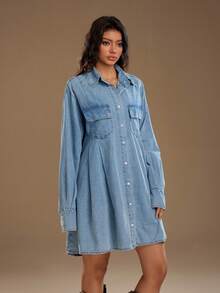 TRNVIE Vestido de mezclilla de manga larga, hombros caídos, con botones delanteros, casual y versátil - Azul - Ver 3
