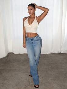 SHEIN PETITE 纯色V领露背针织上衣，适合音乐节穿着 - 白色 - 查看 3