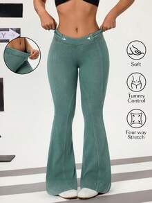 Flexra 女士纯色低腰修身喇叭牛仔裤 - 綠色 - 查看 8