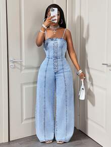 BamGleam Mono de mezclilla con botones delanteros y tirantes para mujer - Azul - Ver 7