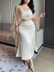 Dazy Plus 大码女式薄纱蕾丝圆领不对称斗篷派对上衣/衬衫 - 金色 - 查看 7