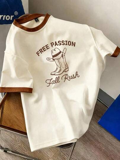 Manfinity Joysei 男士复古牛仔印花撞色袖口T恤，棕色