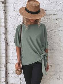 Flexra Solid Color Round Neck Batwing Sleeve Loose Casual Fashion Shirt Brunch Sage Green Summer Office - Green - View 5
