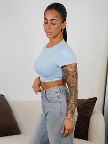 SAYEHFBABY Áo thun nữ dáng ôm cổ tròn tay ngắn màu trơn đơn giản, thích hợp cho mùa hè - Màu xanh nhạt - Xem 6