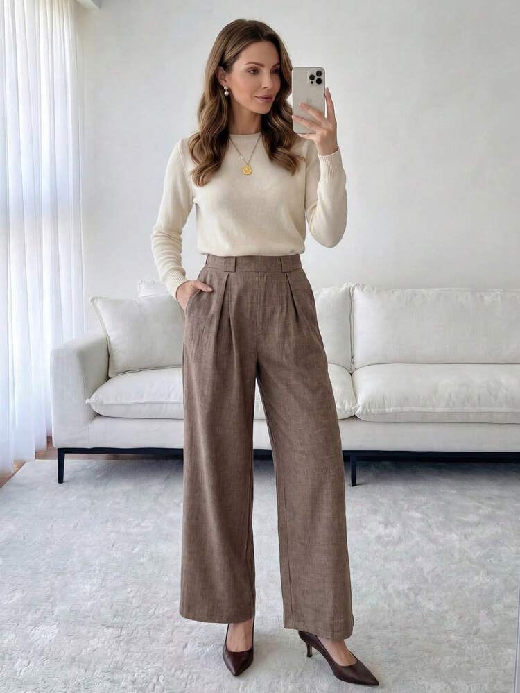 These New Autumn/Winter High-Waisted Solid Wide-Leg Pants Feature An Elegant Design Suitable For Everyday Wear, Work, Graduation Ceremonies, New Year's, Thanksgiving, And Other Occasions, Making Them An Ideal Choice For Women In Autumn.