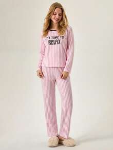 Loomlin Cotton 2Pcs  Striped&Slogan Printed Long Sleeve Shirt And Striped Long Bottom Lounge Set - Pink - View 3