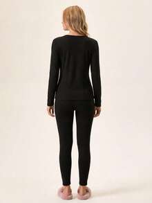 Loomlin 2 piezas Conjunto de ropa de casa con cuello en V de algodón y detalles de encaje - Negro - Ver 2