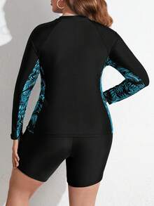 Swim SPRTY Plus Size Printed Split Sleeve Fitted Rashguards - Black - View 2