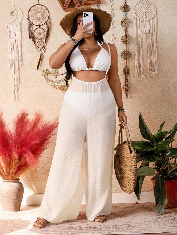 Swim Vcay 大码女士优雅度假风纯色吊带长裤泳衣，春夏新款