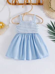 SHEIN Playful Pals 女嬰細肩帶A字裙 藍白條紋 夏季可愛派對洋裝 簡約優雅 寬鬆版型 適合海邊度假與休閒出遊 - 藍色 - 查看 2