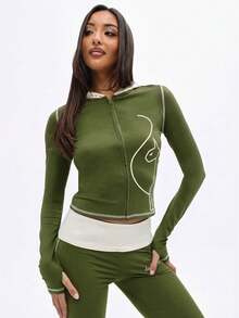 BABYPHAT Sudadera con capucha y cremallera con pespuntes contrastantes y estampado de arte lineal para capas casuales - Caqui - Ver 3