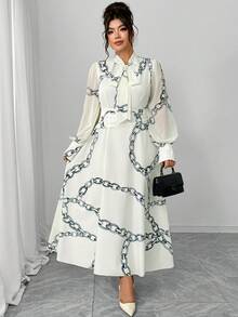 Elenzga 大码女式印花长款连衣裙，网纱长灯笼袖，褶裥喇叭裙摆，蝴蝶结装饰，优雅迷人，适合中东、欧洲、美国风格的度假、情人节派对、朋友聚会、正式鸡尾酒会、下午茶、度假等场合，杏色长款连衣裙 - 彩色 - 查看 6