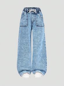 Fashionable Medium Wash Elastic Waist Blue Denim Jeans For Tween Girls, Suitable For Everyday Wear - Medium Wash - View 3