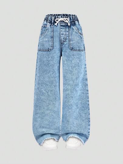 Fashionable Medium Wash Elastic Waist Blue Denim Jeans For Tween Girls, Suitable For Everyday Wear