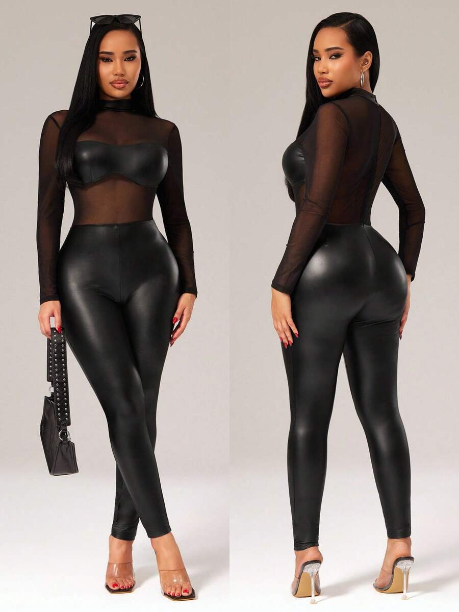 Radiana 女士性感休闲黑色弹力网纱拼接PU连体裤，长袖紧身连体裤，透视紧身连体裤，黑色紧身连体裤，PU连体裤，休闲裤，休闲装。弹力针织面料贴合身形，凸显身材，适合休闲外出、聚会、夜店、俱乐部、庆典、音乐节、派对、假日穿着。 - 黑色 - 查看 1