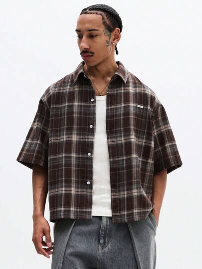 SUMWON Överdimensionerad rutig flanellskjorta med kort ärm för avslappnad helgstil